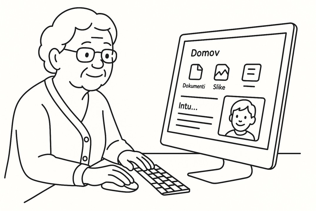 Slika v preprostem stilu starejšega uporabnika z all in one računalnikom